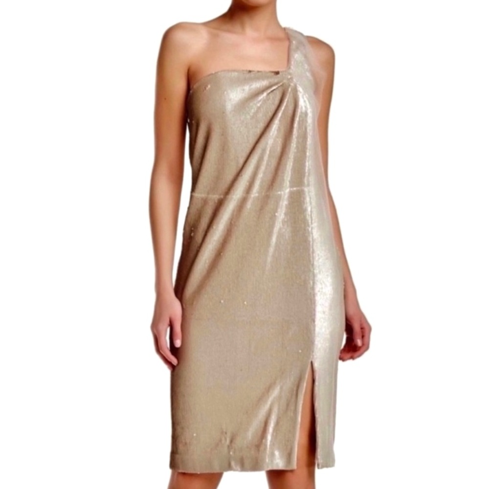 NEW HALSTON HERITAGE ONE-SHOULDER TWIST DRAPE SEQUIN MINI DRESS - Picture 1 of 8